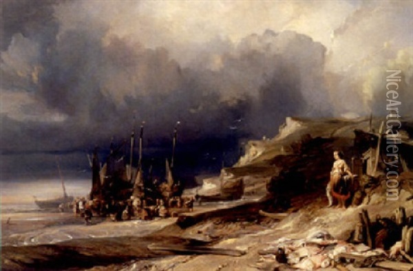 Beached Vessels On The Coast Of Normandy Oil Painting - Louis-Gabriel-Eugene Isabey