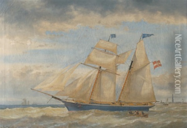 The Two Master "adeline" Sailing Past Antwerp Oil Painting - Egidius Linnig