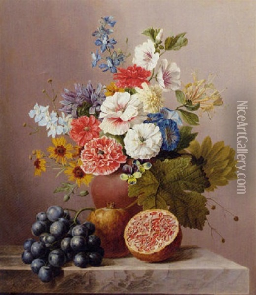 A Bouquet Of Flowers In A Terracotta Vase On A Marble Ledge With A Pomegranate And Grapes Oil Painting - Arnoldus Bloemers