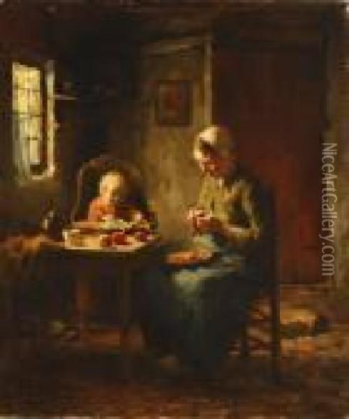 Woman Peeling Apples Sitting With A Child In A Dutch Interior Oil Painting - Evert Pieters