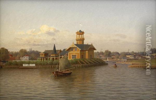 Utsikt Over En Hamn Med En Yachtklubb Oil Painting - Johan Knutson