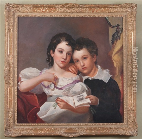 Portrait Of A Brother And Sister Holding A School Book, She With Ribboned Merit Award Oil Painting - Manuel Joachim De Franca