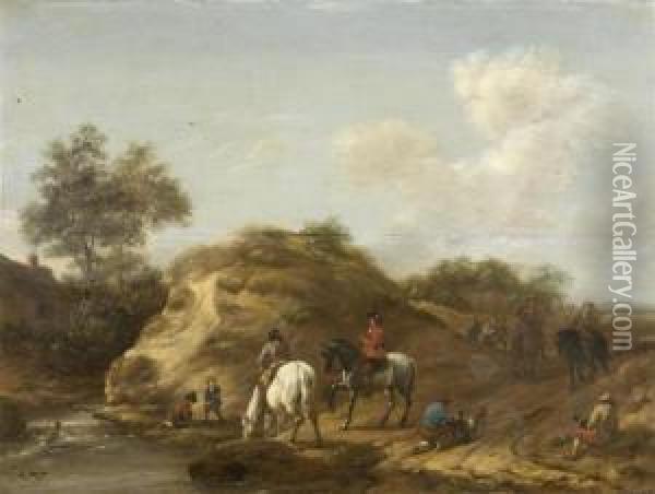 Landscape With Hunters And Their Horses Out Falconing Oil Painting - Barent Gael