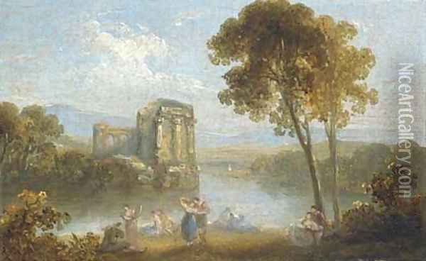 Figures resting in an Italianate landscape; and Figures dancing by a ruined temple and a lake Oil Painting - Richard Wilson