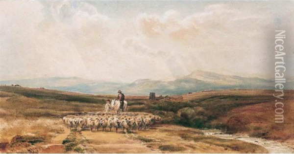 A Horseman, A Shepherd And Sheep On A Country Road Oil Painting - Peter de Wint