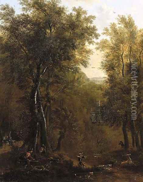 A stag hunt in a wood by a country mansion Oil Painting - Frederick De Moucheron