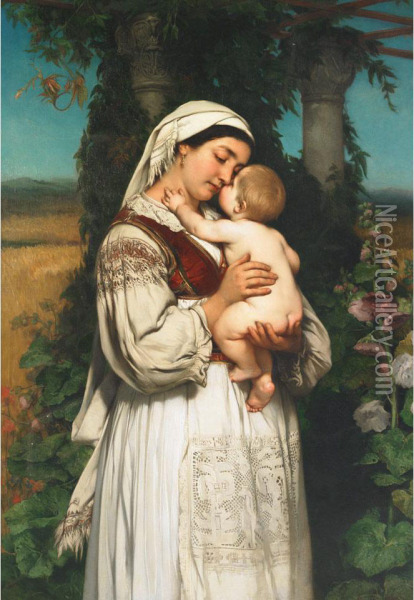 Madonna Of The Black Mountain (a Mother Cradling Her Baby In Agarden Arbour With Hollyhocks) Oil Painting - Jaroslav Cermak