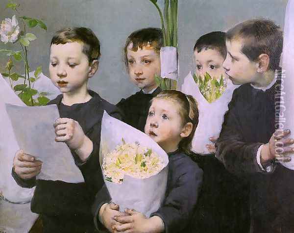 Paying Homage to the Teacher on a Holiday (Le Compliment un jour de fête à l'école) 1893 Oil Painting - Henri-Jules-Jean Geoffroy (Geo)