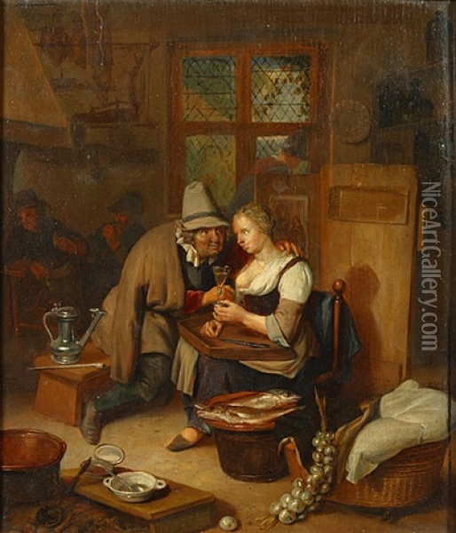 Man Die De Keukenmeid Zijn Liefde Verklaart Oil Painting - Cornelis Pietersz Bega