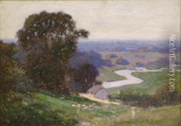 'avon Valley At Fordingbridge' 1 X 14in Oil Painting - Joseph Longhurst