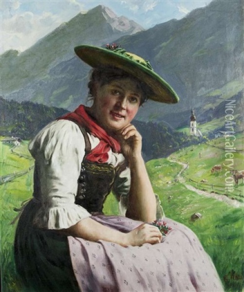 Bauerndirndl Vor Berglandschaft Oil Painting - Emil Rau