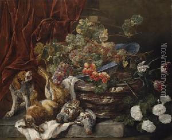 Grapes And Apricots In A Porcelain Bowl On A Marble Pot With Flowers, Dead Partridges, A Hare, And A Spaniel Barking At A Monkey On A Stone Ledge Oil Painting - Jan Fyt