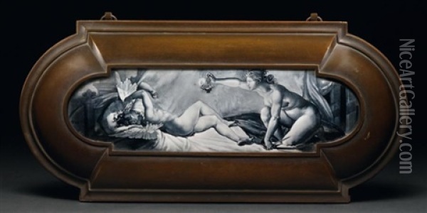 Le Sommeil De Cupidon, Plaque Oil Painting - Taxile Maximin Doat