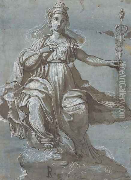 An allegory of Rhetoric holding a caduceus Oil Painting - Perino del Vaga (Pietro Bonaccors)