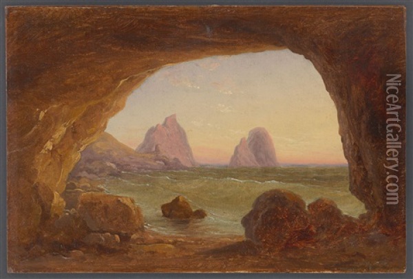 Blick Aus Einer Grotte Auf Die Faraglioni Oil Painting - Gustav Von Haugk