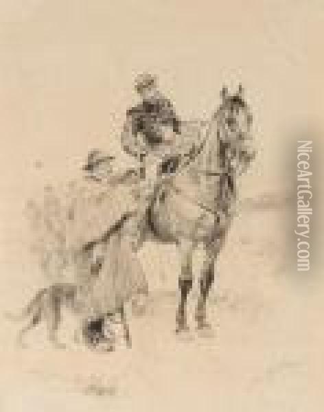 Officier De Cavalerie Demandant Son Chemin A Un Berger Oil Painting - Alphonse Marie de Neuville