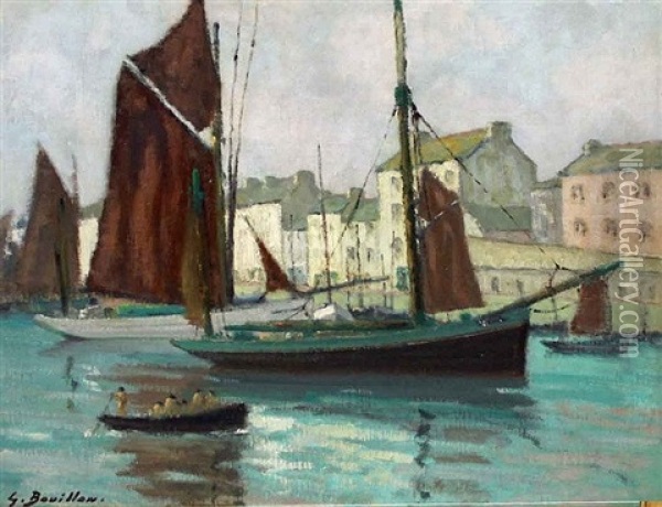 Fishing Boats In A Harbour Oil Painting - Georges Bouillon