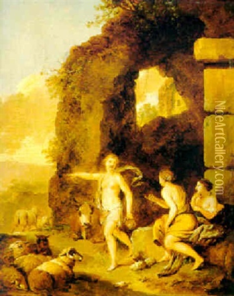 Nymphen Mit Herde Vor Klassischen Ruinen In Einer Landschaft Oil Painting - Christian Wilhelm Ernst Dietrich