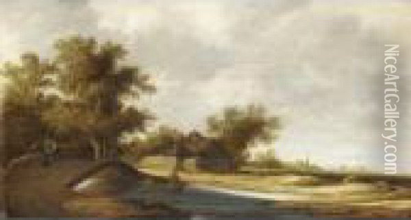 River Landscape With Figures On A Bridge, A Farmhouse Beyond Oil Painting - Peter Candid