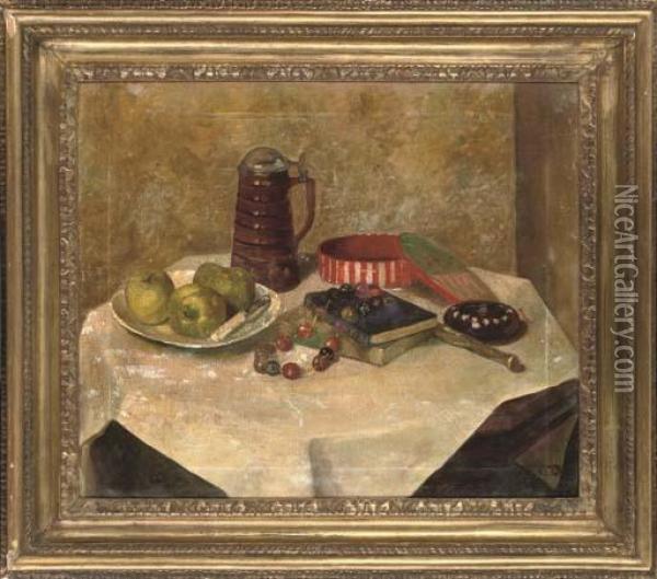 Three Apples, Two Books, A Necklace And Pitcher, On A Table Oil Painting - Averil Mary Burleigh