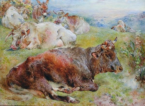 Cows And Donkey In A Landscape Oil Painting - William Huggins