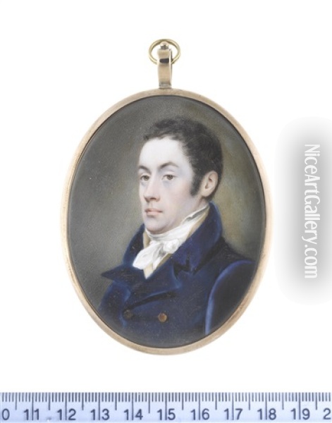 A Gentleman, Wearing Blue Double-breasted Coat, Buff Waistcoat, White Chemise, Stock And Knotted Cravat, His Dark Hair Worn Short Oil Painting - John Cox Dillman Engleheart