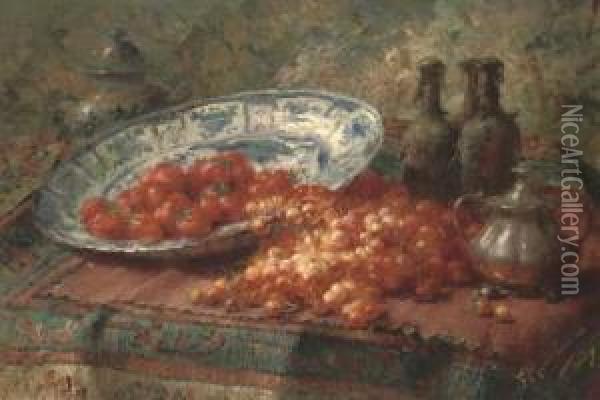 Stawberries In A Delft Bowl With Cherries On A Table Oil Painting - Frans Mortelmans