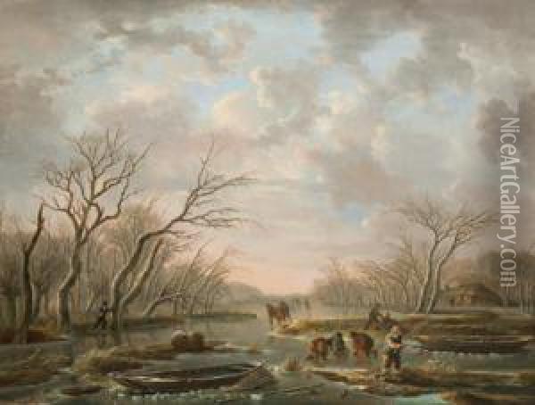 Paesaggio Fluviale Invernale Con Pattinatori Sul Ghiaccio Oil Painting - Andries Vermeulen