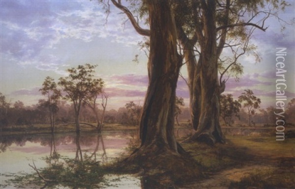 Evening Mist, Sunset On The Lagoon At Seymour Oil Painting - Henry James Johnstone