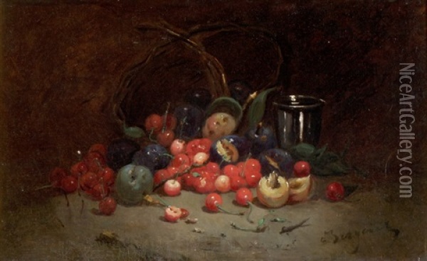 Fruchtestillleben Mit Kirschen, Pflaumen Und Aprikosen Oil Painting - Denis Pierre Bergeret