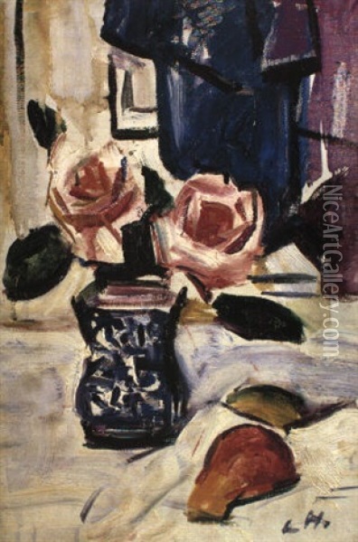 Pink Roses In A Chinese Vase Oil Painting - George Leslie Hunter