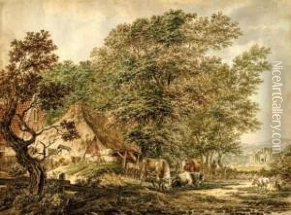 Village Landscape With Cattle Oil Painting - Jacob Cats