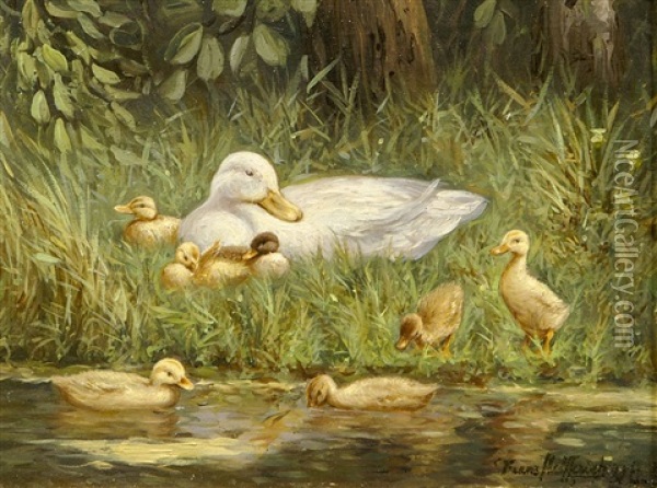 Ente Mit Jungen Am Wasser Oil Painting - Franciscus Willem Helfferich