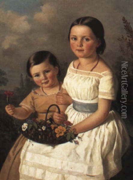 Portrait Of Two Sisters With Basket Of Flowers Oil Painting - Luise von Martens