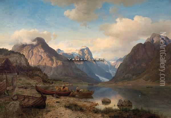Indre Fjaerlandsfjord I Sogn Oil Painting - Hans Fredrik Gude