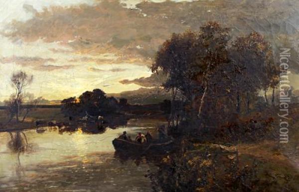 River Landscape At Dusk With Figures In A Punt And Cattle Watering At The Riverside Oil Painting - William Manners