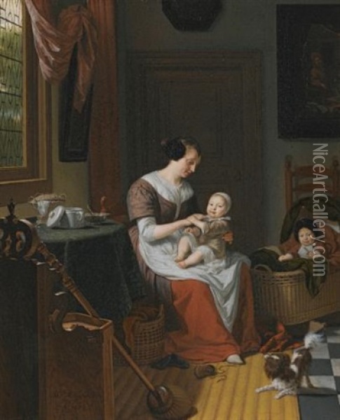 An Interior Scene With Eva Visscher, The Artist's Wife, With A Child In Her Lap And Another Child In A Cot, Beside Them A Dog Oil Painting - Michiel van Musscher
