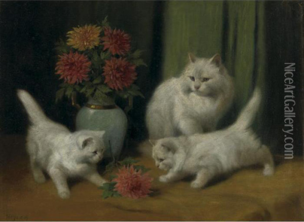 Kittens Playing With A Flower Oil Painting - Arthur Heyer