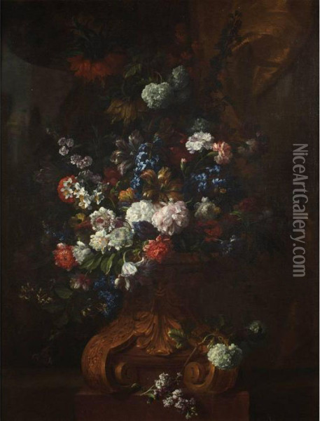 Still Life Of Flowers In A Scrolled Urn Oil Painting - Jean-Baptiste Monnoyer