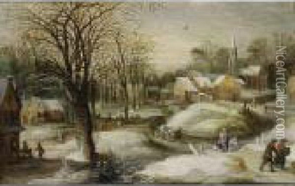 A Winter Landscape With A 
Horseman, A Peasant With A Horse-drawn Cart And Figures On A Path, A 
Village&nbsp;nearby Oil Painting - Joos De Momper