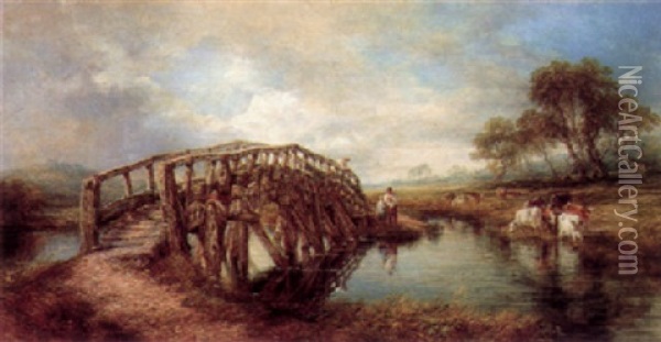 River Landscape With Cattle And Figures By A Bridge Oil Painting - Frederick Henry Henshaw