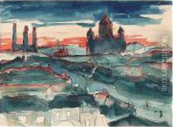 Crimson Sunset; View Of Moscow 
From The Artist's Studio Showing The Cathedral Of Christ The Saviour And
 The Moscow Electricity Station (moges) Oil Painting - Aristarkh Vasilievic Lentulov