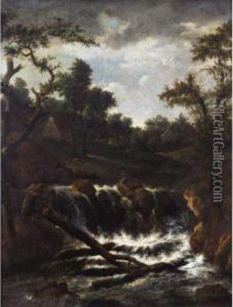 A Wooded Landscape With A Cascade, A Cottage Beyond Oil Painting - Jacob Salomonsz. Ruysdael