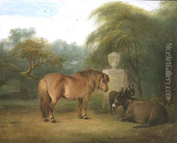 Pony and Donkeys in a Glade Oil Painting - Maria Spilsbury