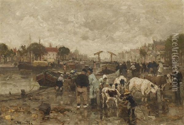 Viehmarkt Auf Der Kaimauer Einer Hollandischen Stadt Oil Painting - Ludwig Munthe