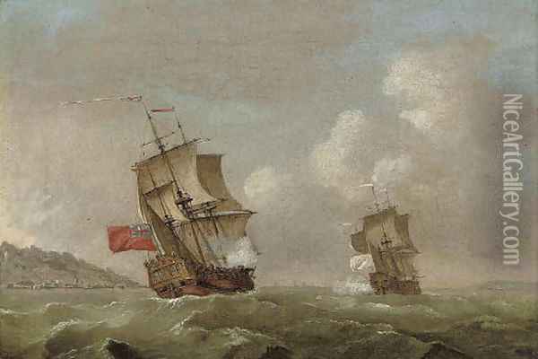 An English warship pursuing a Frenchman up the coast Oil Painting - Francis Swaine
