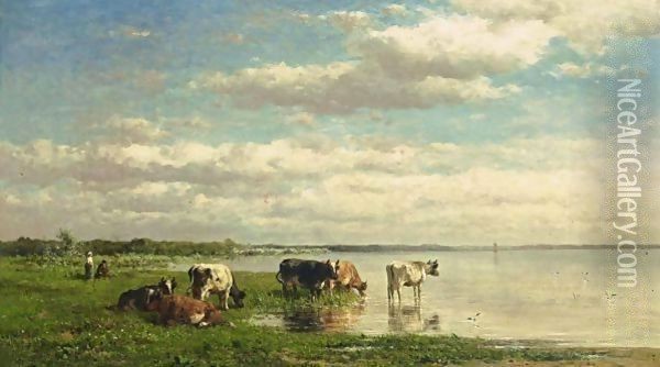 Watering Cows In A Summer Landscape Oil Painting - Willem Roelofs