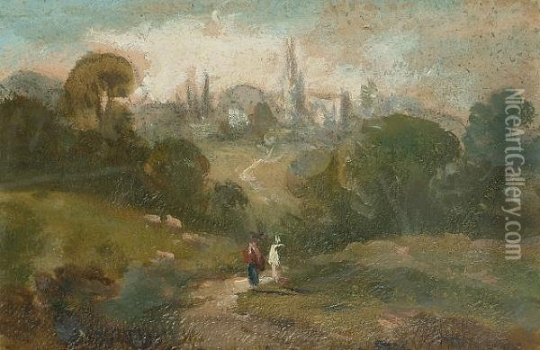 Highgate Church, From Hampstead Oil Painting - William George Jennings