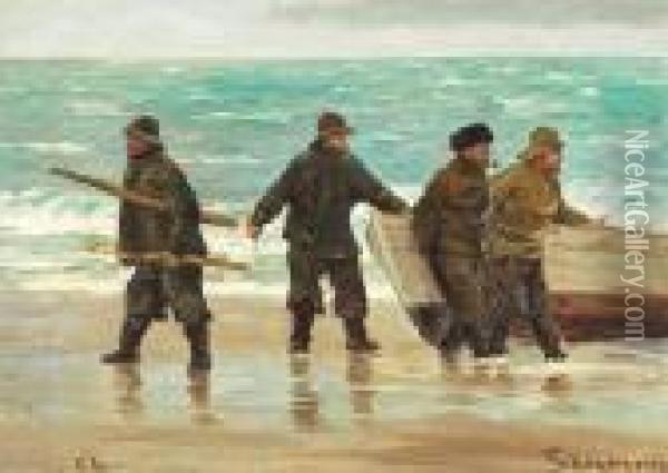 Fishermen On Skagen Beach Oil Painting - Carl Locher