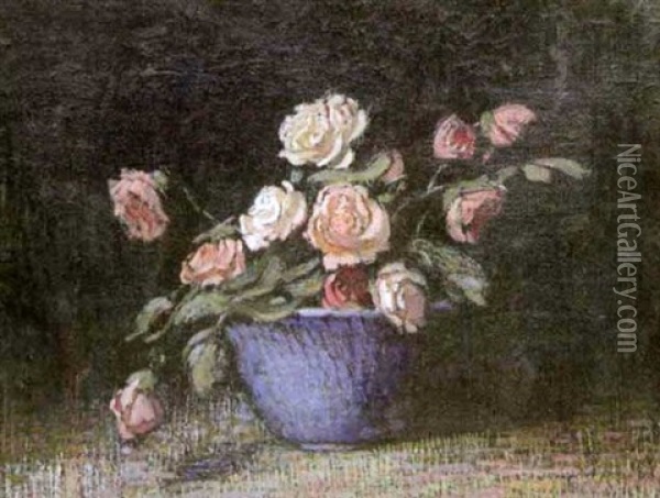 Still Life With Pink Roses In A Blue Bowl Oil Painting - William Langson Lathrop